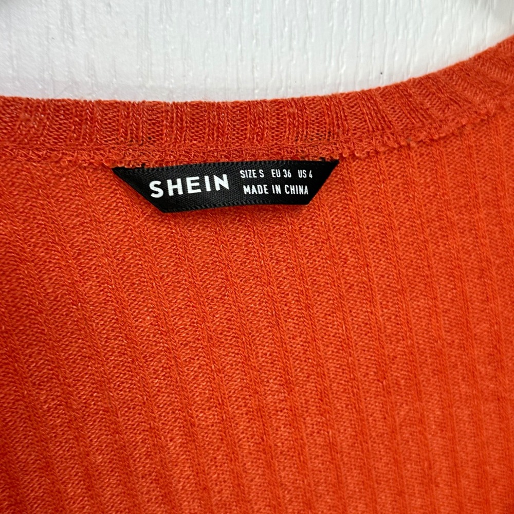 SHEIN Womens Burnt Orange Ribbed Bell Sleeve Drawstring Ruched Crop Top Size S - Picture 3 of 8